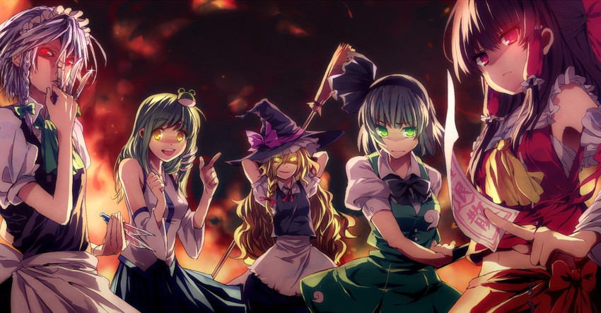 hakurei reimu, kirisame marisa, izayoi sakuya, kochiya sanae, and konpaku youmu (touhou) drawn by reia