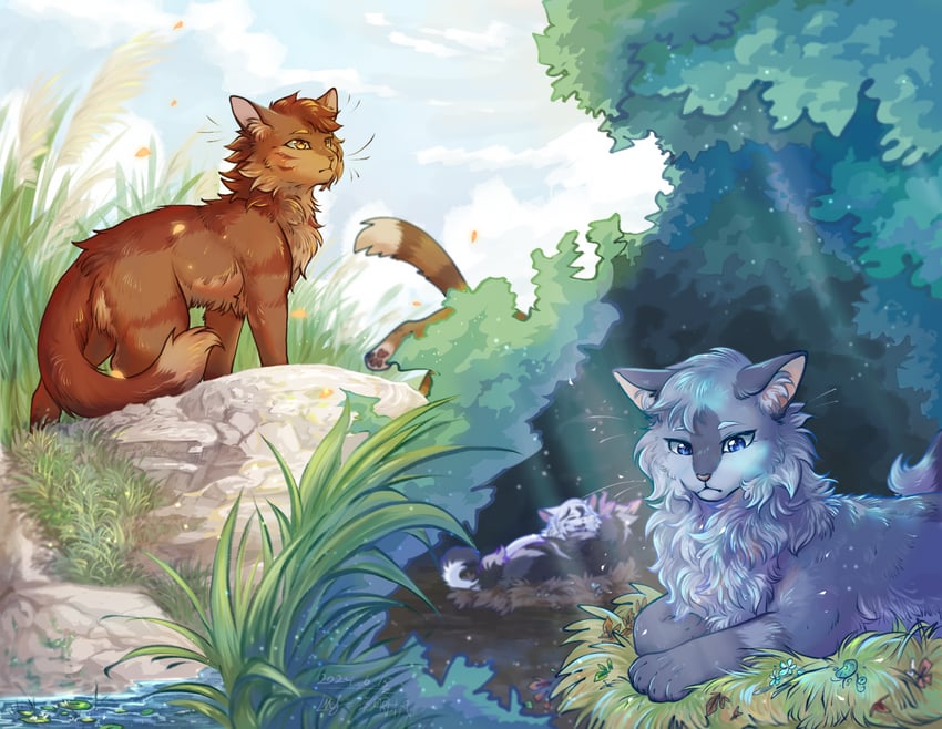 bluestar, snowfur, thistleclaw, oakheart, and crookedstar (warrior cats and 1 more) drawn by morningmaple09531