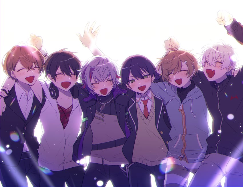 kenmochi touya, fuwa minato, yumeoi kakeru, kuzuha, kagami hayato, and 1 more (nijisanji) drawn by nekojiri