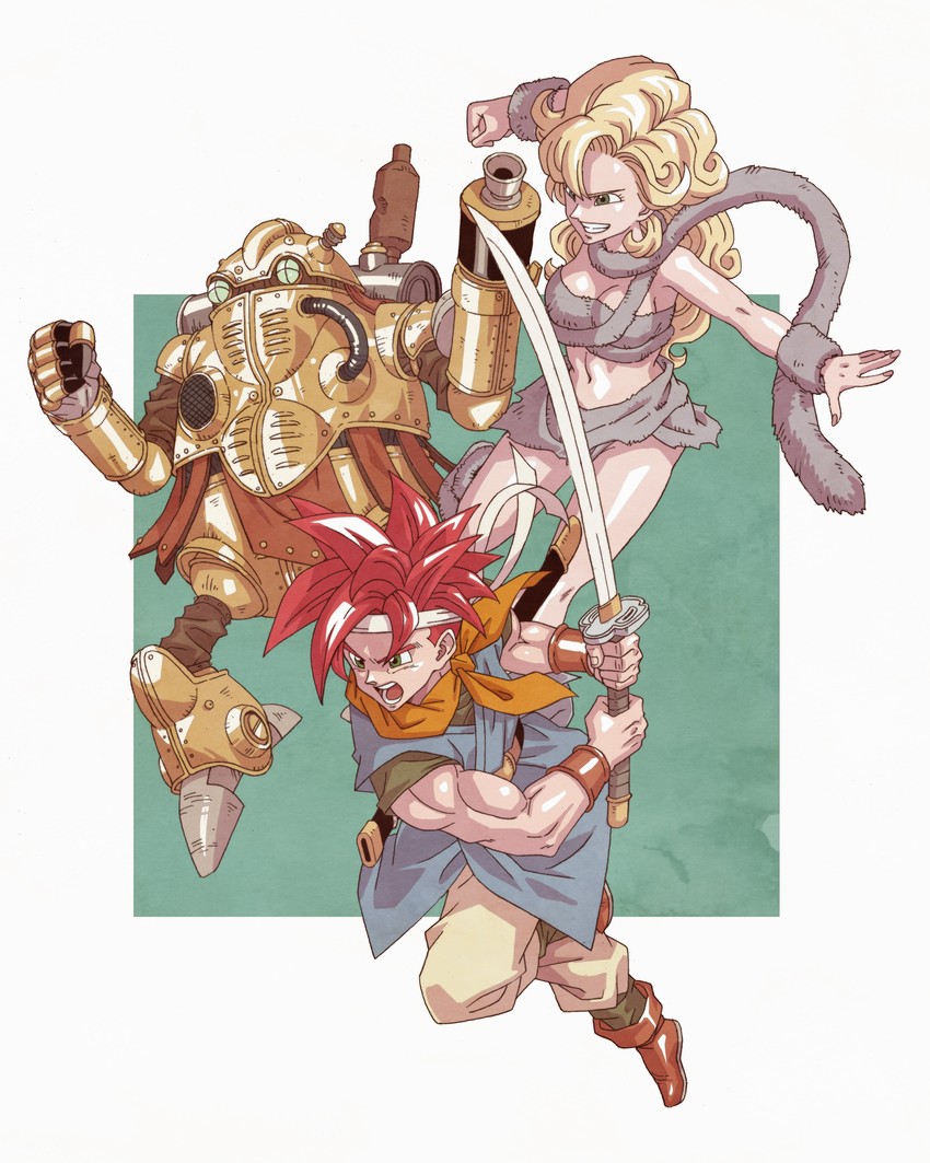 crono, ayla, and robo (chrono trigger) drawn by tanuki_koubou
