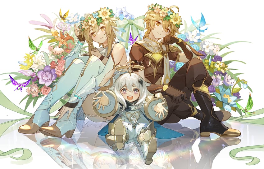 lumine, aether, paimon, and crystalfly (genshin impact) drawn by kotatsu_kaya