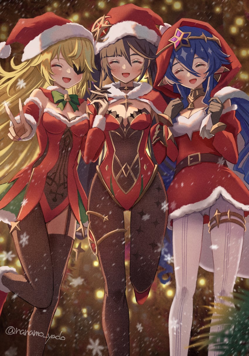 mona, fischl, and layla (genshin impact) drawn by nanamo_yado