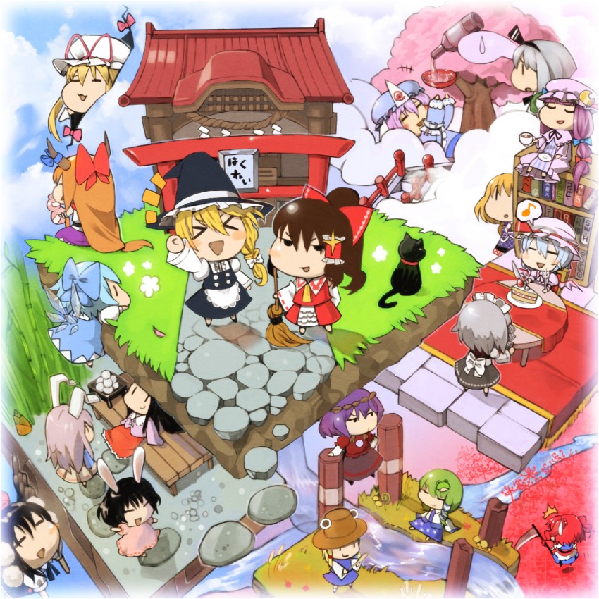 hakurei reimu, kirisame marisa, remilia scarlet, izayoi sakuya, kochiya sanae, and 14 more (touhou) drawn by tsurusaki_yuu
