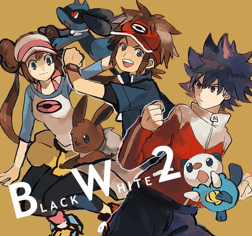 rosa, eevee, oshawott, nate, riolu, and 1 more (pokemon and 1 more) drawn by sanigo