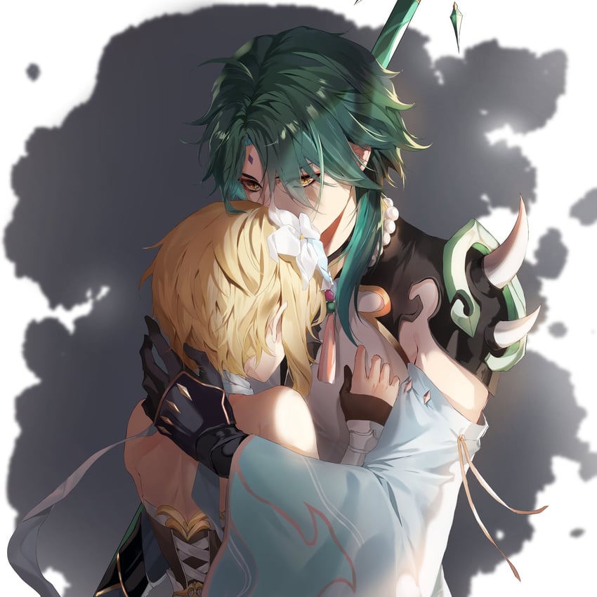 lumine and xiao (genshin impact) drawn by lian_(fldks_2)