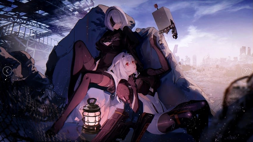 2b, pod, and modernia (goddess of victory: nikke and 2 more) drawn by bsq