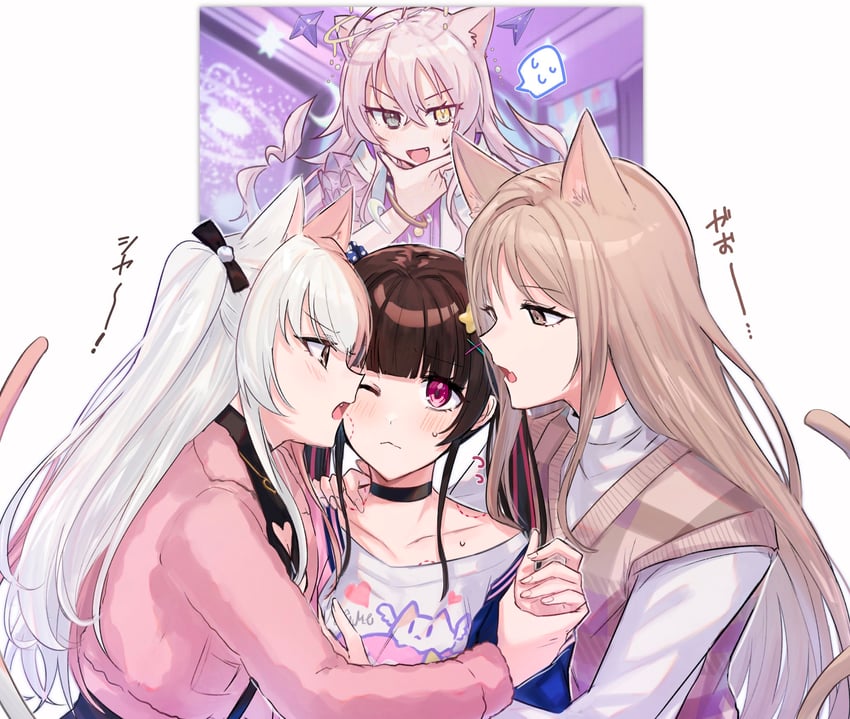 shinomiya kokoa, tendo hayate, kaibara michiru, and ichihoshi lumina (d4dj) drawn by aoki_shizumi
