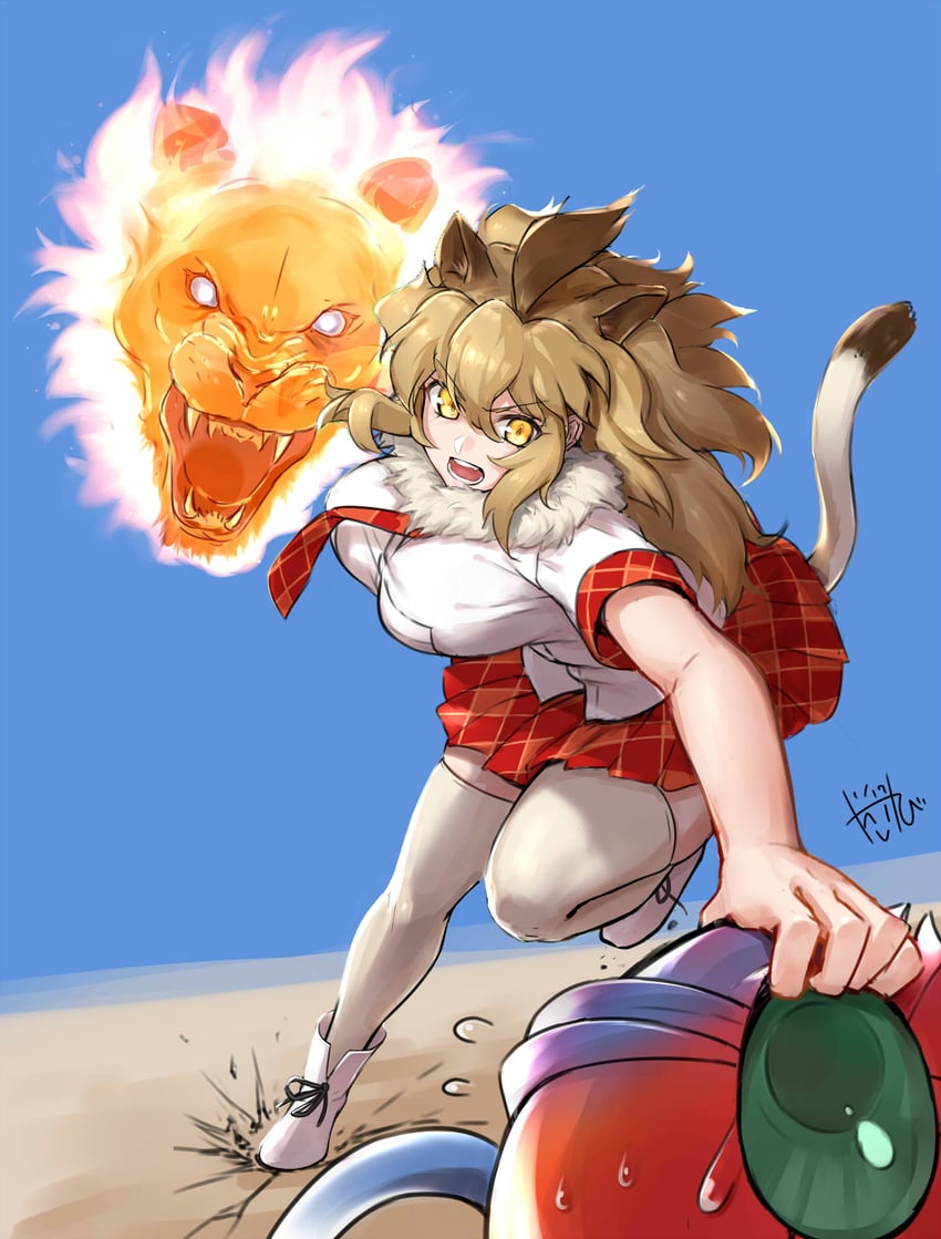 lion and cellien (kemono friends and 1 more) drawn by takebi