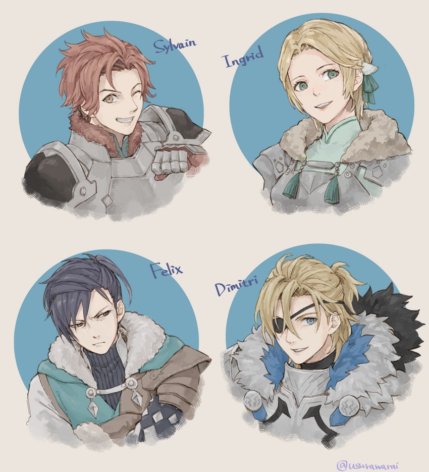 dimitri alexandre blaiddyd, ingrid brandl galatea, sylvain jose gautier, and felix hugo fraldarius (fire emblem and 1 more) drawn by ususususu