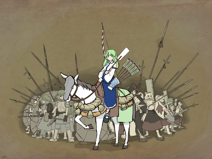 kochiya sanae, shameimaru aya, inubashiri momiji, kawashiro nitori, and kappa mob (touhou and 1 more) drawn by super3tn