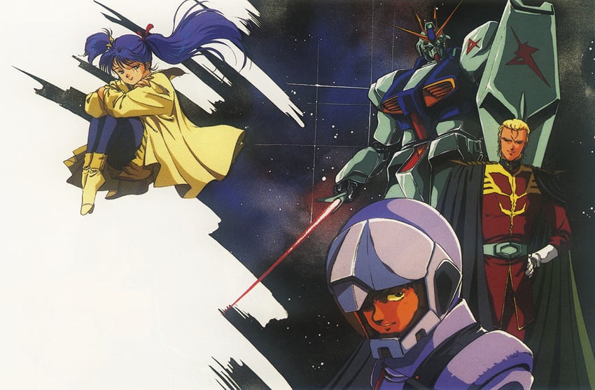 char aznable, amuro ray, nu gundam, and quess paraya (gundam and 1 more) drawn by mikimoto_haruhiko