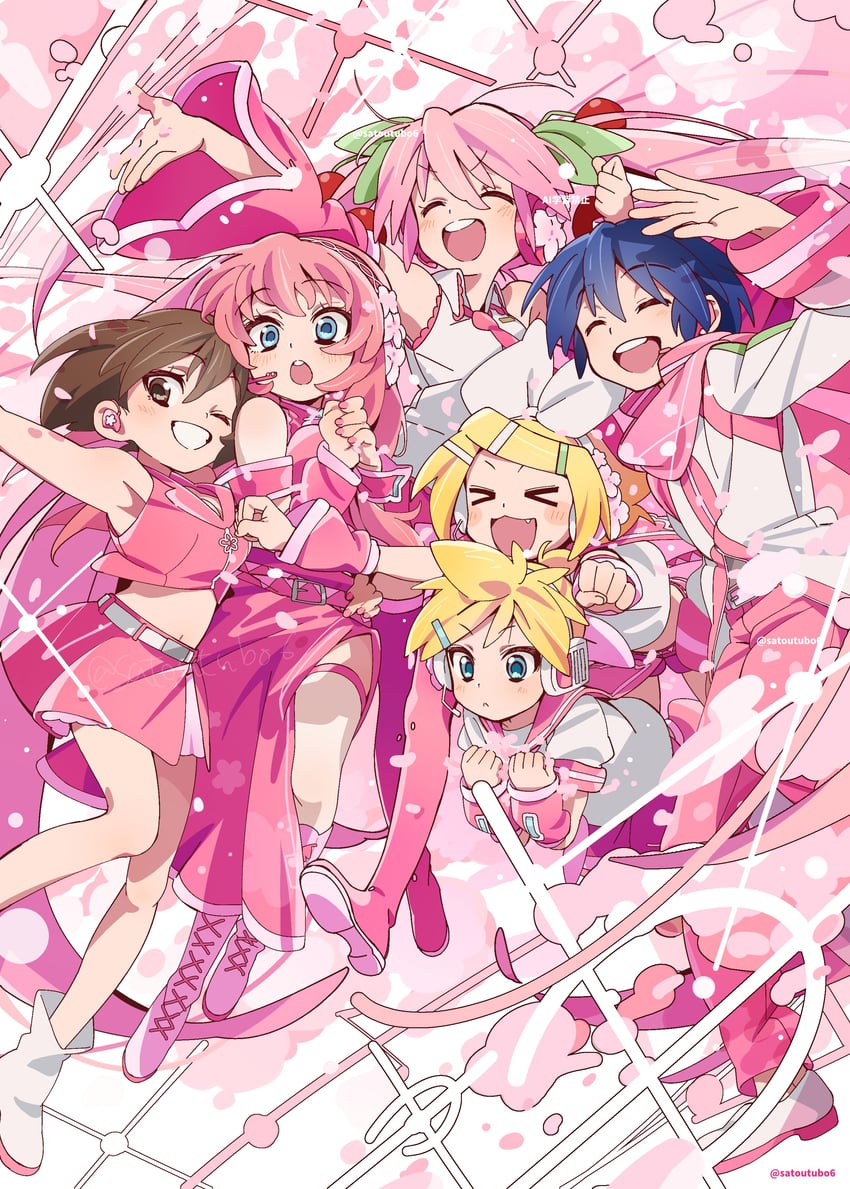 hatsune miku, kagamine rin, kagamine len, megurine luka, kaito, and 7 more (vocaloid) drawn by satou_asuka