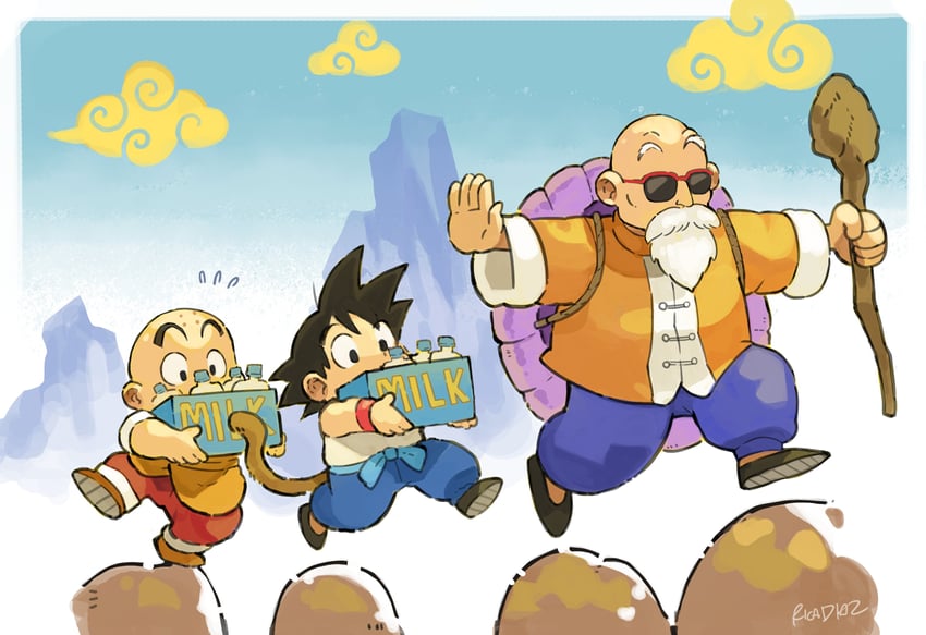son goku, kuririn, and muten roushi (dragon ball) drawn by rica_diaz