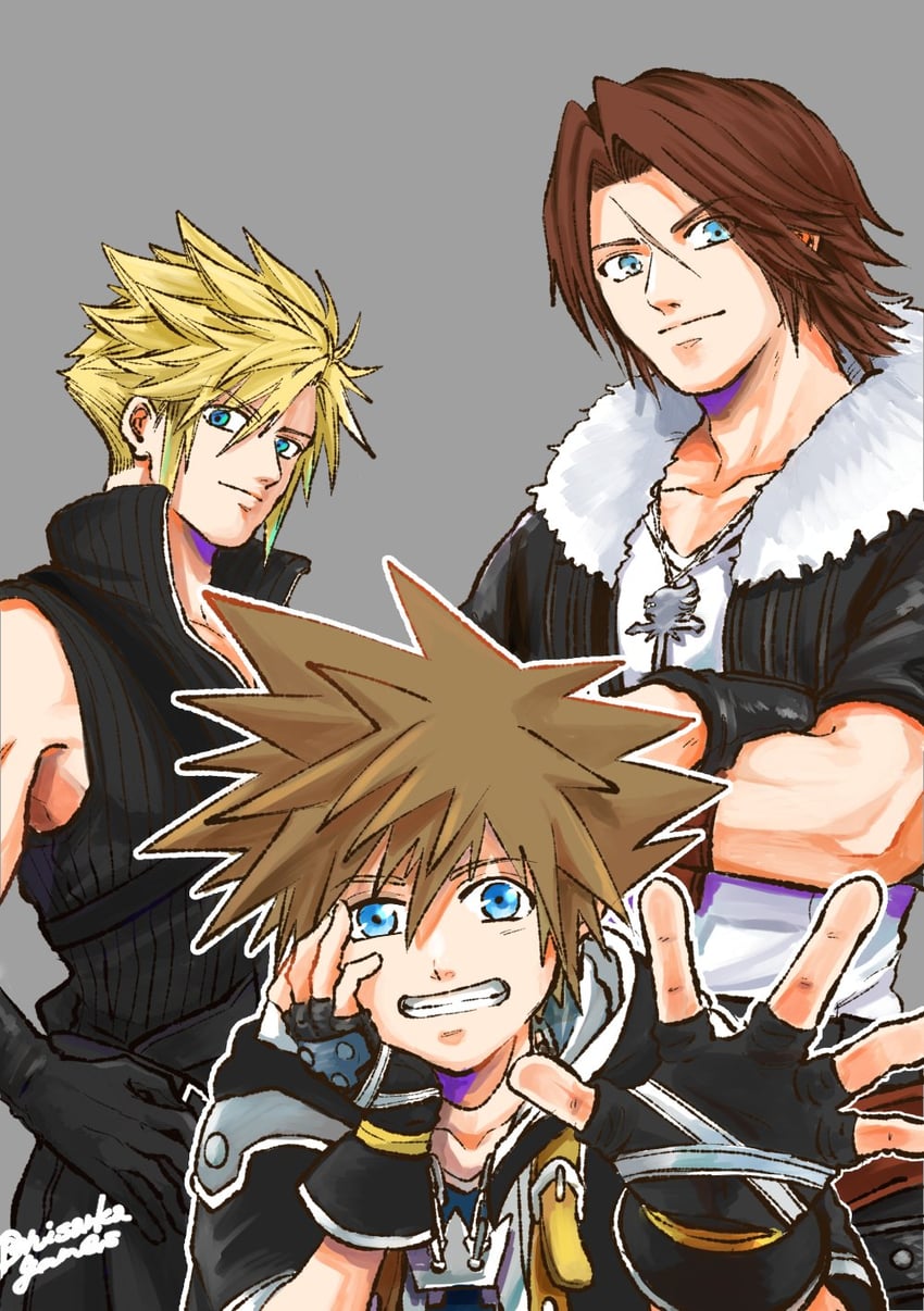 cloud strife, sora, and squall leonhart (final fantasy and 5 more) drawn by nisankagames