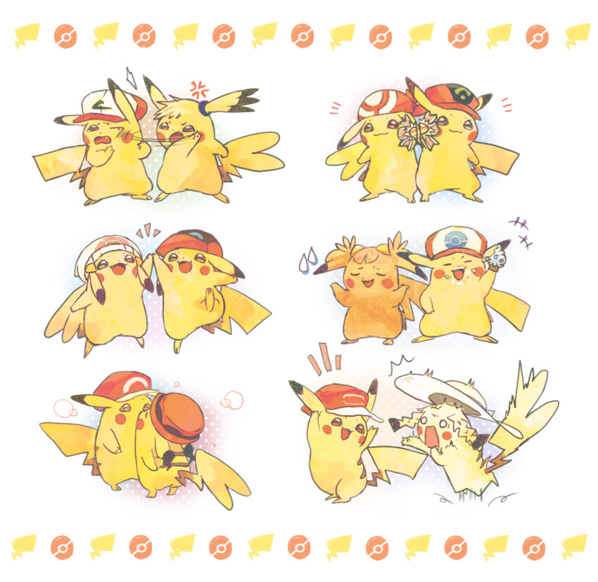 pikachu, dawn, lillie, may, ash ketchum, and 3 more (pokemon and 5 more) drawn by mokunami