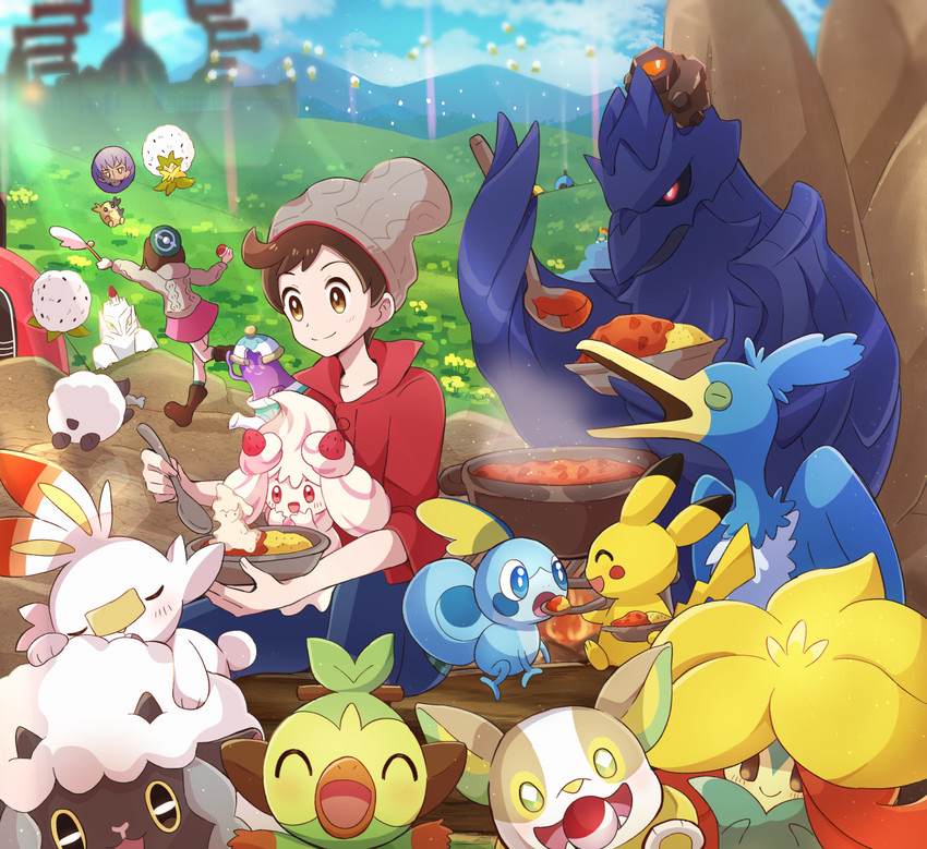 pikachu, gloria, leon, morpeko, scorbunny, and 13 more (pokemon and 1 more) drawn by haru_(haruxxe)