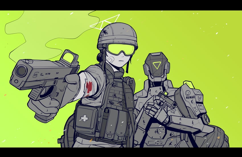 kaiser pmc robot mercenary and kaiser pmc mercenary (blue archive) drawn by parabellum