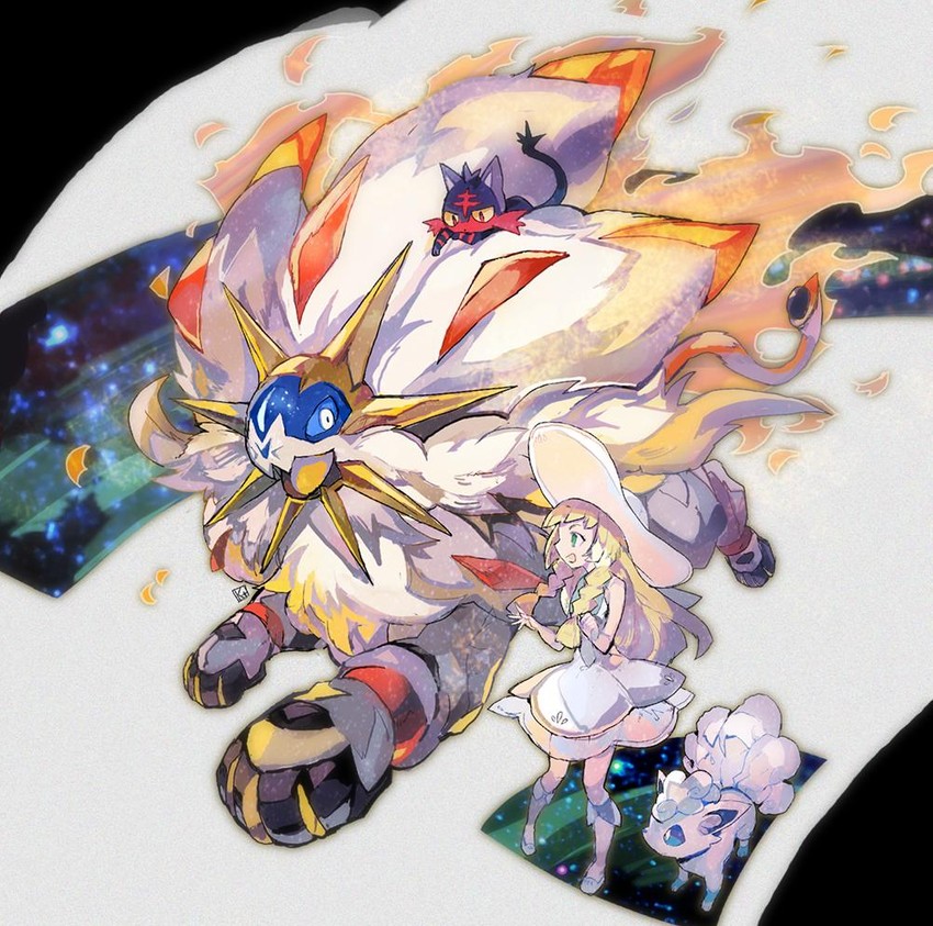 lillie, litten, alolan vulpix, and solgaleo (pokemon and 1 more) drawn by kantarou_(8kan)