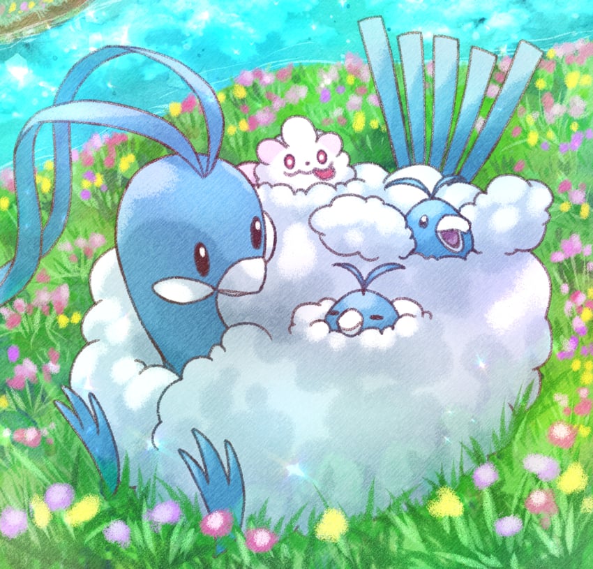 altaria, swablu, and swirlix (pokemon) drawn by kotobukkii_(yt_lvlv)