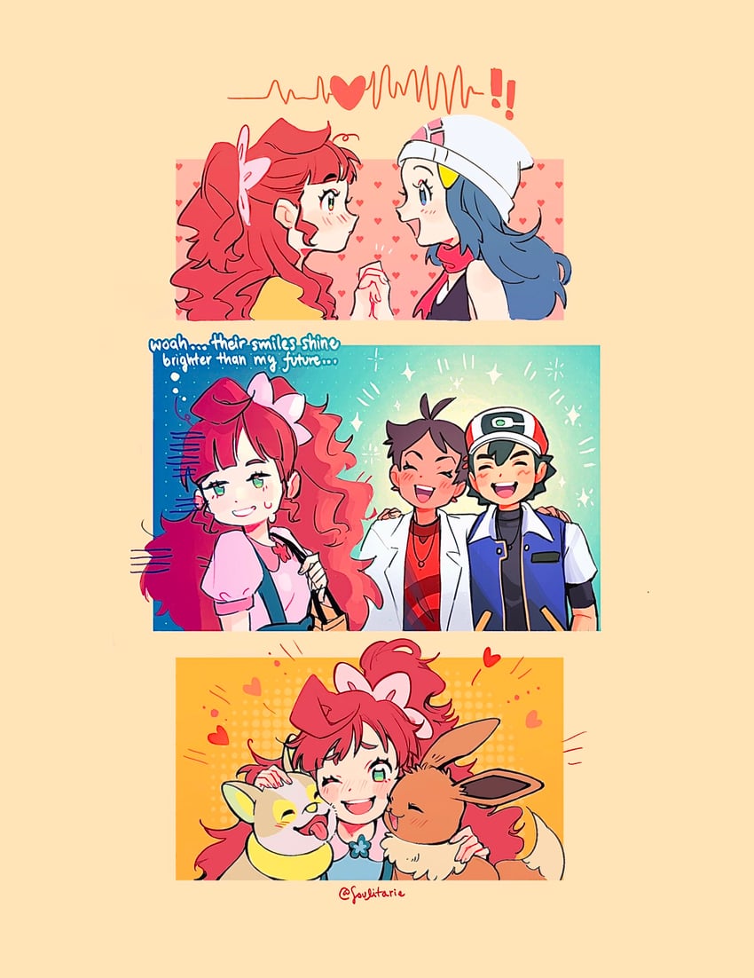 dawn, ash ketchum, eevee, goh, yamper, and 1 more (pokemon and 1 more) drawn by soulubles