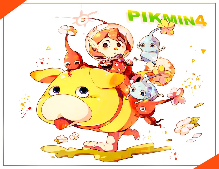 red pikmin, rescue officer, oatchi, and ice pikmin (pikmin and 1 more) drawn by shirushiki