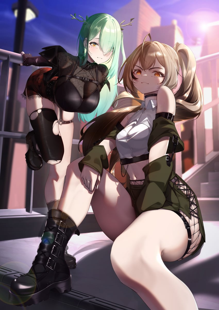 nanashi mumei and ceres fauna (hololive and 1 more) drawn by midorimae