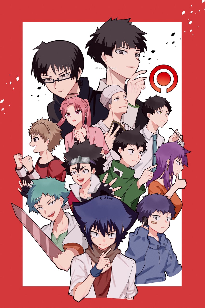 souma hayato, sudou ryouhei, suzuki rika, gokokuhoutenji bourinmaru, ouno raion, and 7 more (tasuuketsu) drawn by hoshiki_shunka