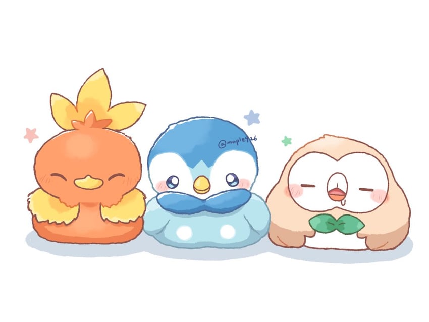 rowlet, piplup, and torchic (pokemon) drawn by kana_(maple926)