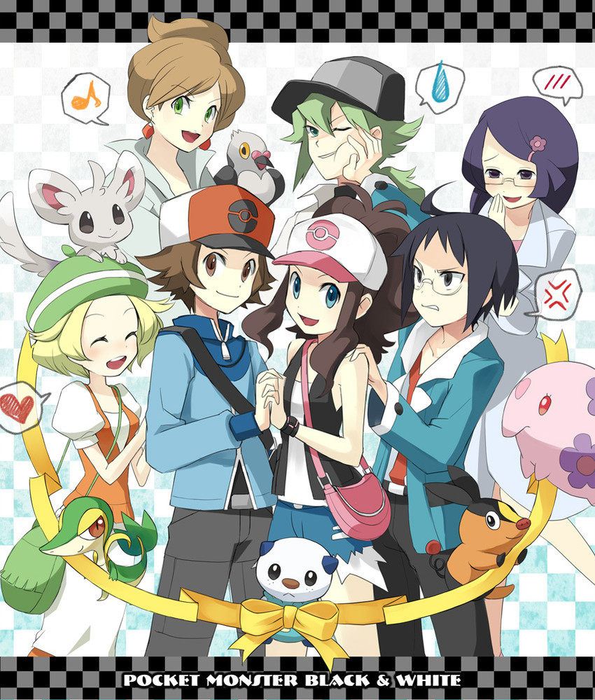 hilda, hilbert, n, oshawott, snivy, and 8 more (pokemon and 1 more) drawn by sigina