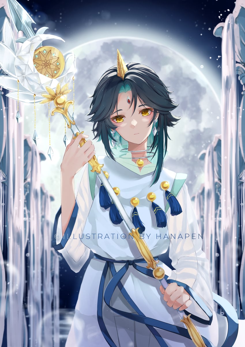 xiao and helios (genshin impact and 2 more) drawn by hanapen