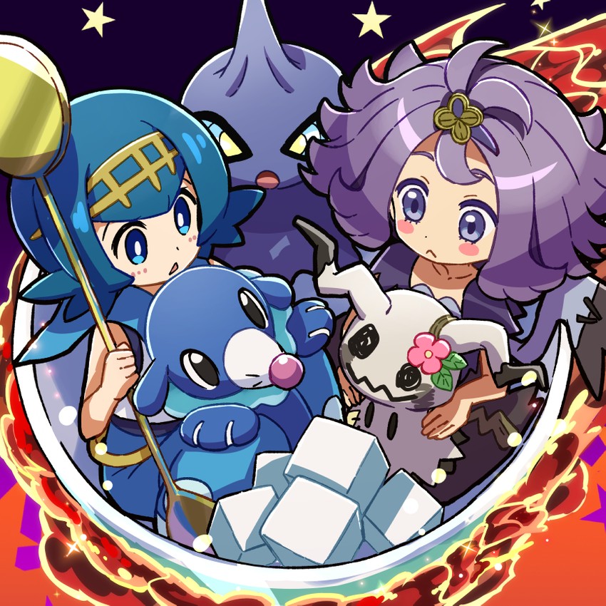 lana, mimikyu, popplio, acerola, and shuppet (pokemon and 1 more) drawn by kingin