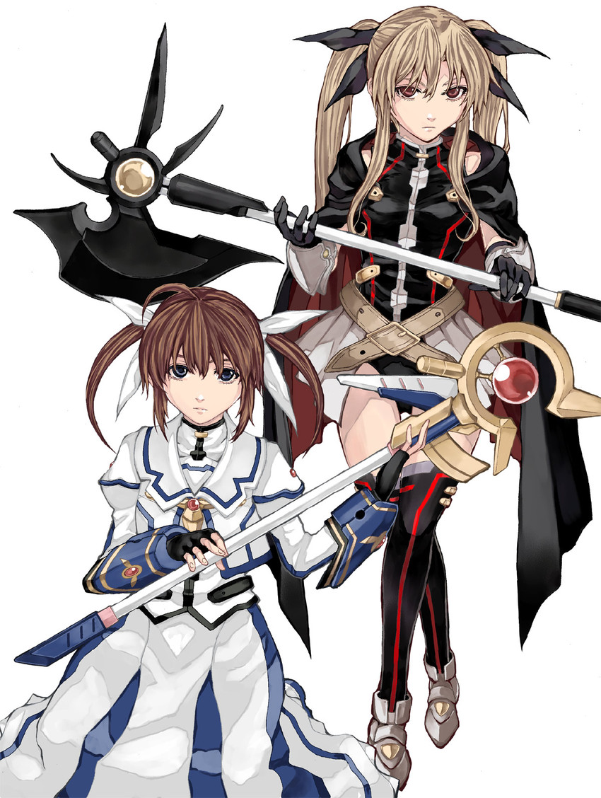 fate testarossa, takamachi nanoha, raising heart, and bardiche (lyrical nanoha and 3 more) drawn by kurokoeda