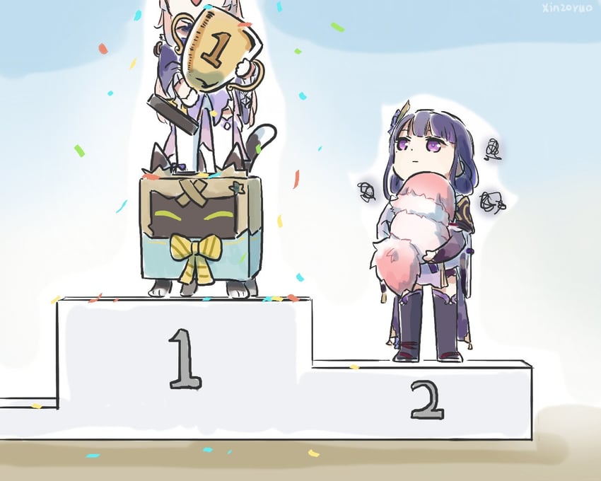 raiden shogun, yae miko, sangonomiya kokomi, and kirara (genshin impact) drawn by xinzoruo