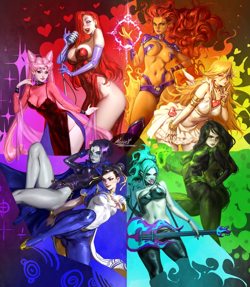 chun-li, panty, chibi usa, raven, starfire, and 4 more (street fighter and 9 more) drawn by aleriia_v
