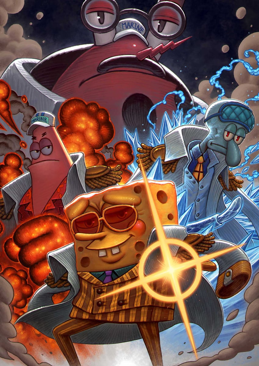 spongebob squarepants, kizaru, aokiji, patrick star, sakazuki, and 3 more (one piece and 1 more) drawn by tubslab
