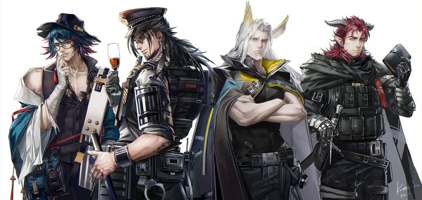 hellagur, hoederer, mr. nothing, and jesselton williams (arknights) drawn by anjingkuxiao