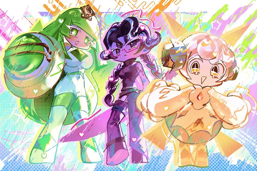 green tea mousse cookie, pudding a la mode cookie, and choco drizzle cookie (cookie run and 1 more) drawn by pcacao