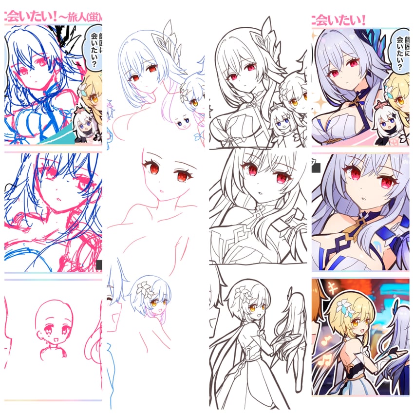lumine, paimon, tartaglia, and skirk (genshin impact) drawn by akitsuki_ria