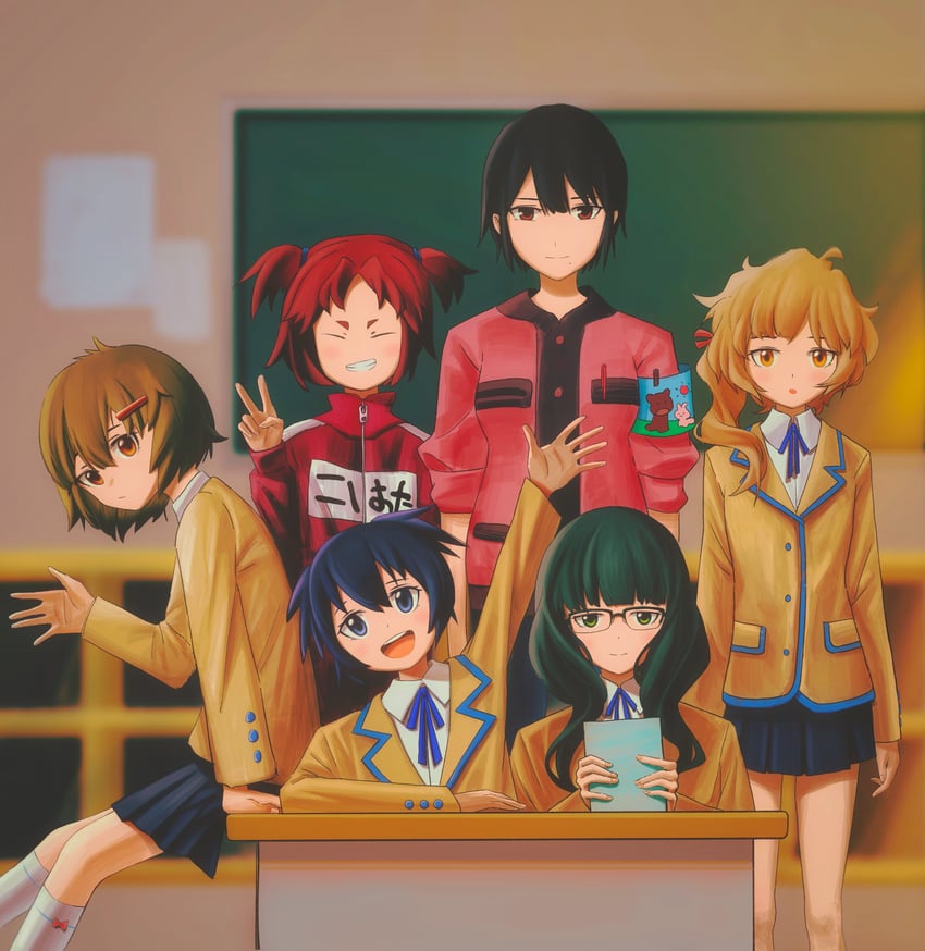 kuroi mato, takanashi yomi, koutari yuu, izuriha kagari, irino saya, and 1 more (black rock shooter) drawn by ly_(pixiv13839236)