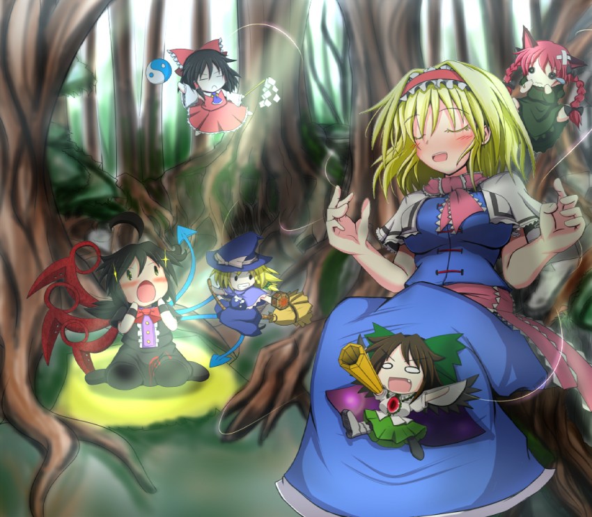 hakurei reimu, kirisame marisa, alice margatroid, kaenbyou rin, reiuji utsuho, and 1 more (touhou) drawn by rindou_(p41neko)