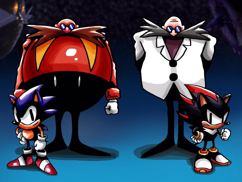 sonic the hedgehog, shadow the hedgehog, dr. eggman, classic sonic, classic eggman, and 1 more (sonic and 2 more) drawn by chaotix99x