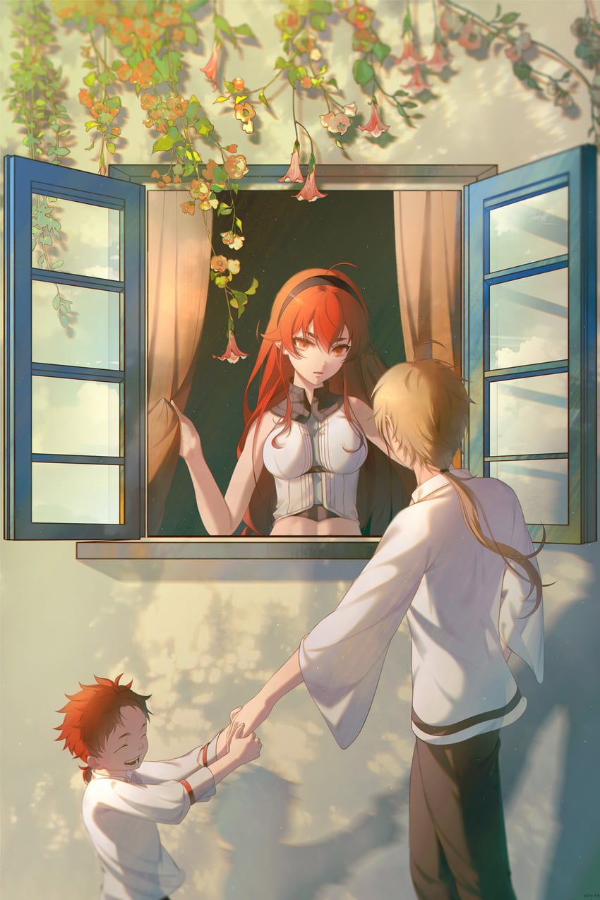 eris greyrat, rudeus greyrat, and ars greyrat (mushoku tensei) drawn by wangza