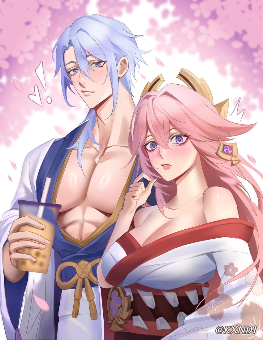 yae miko and kamisato ayato (genshin impact) drawn by kxndi