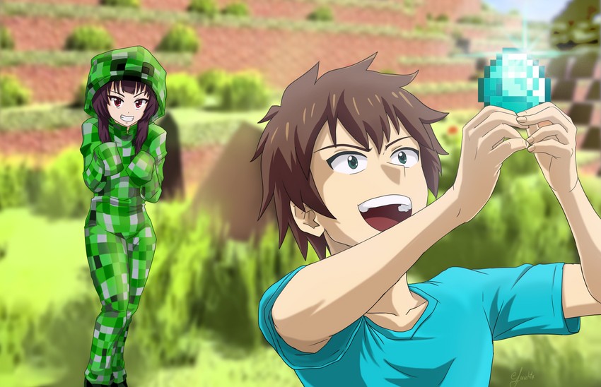 megumin, satou kazuma, creeper, and steve (kono subarashii sekai ni shukufuku wo! and 1 more) drawn by luizhtx