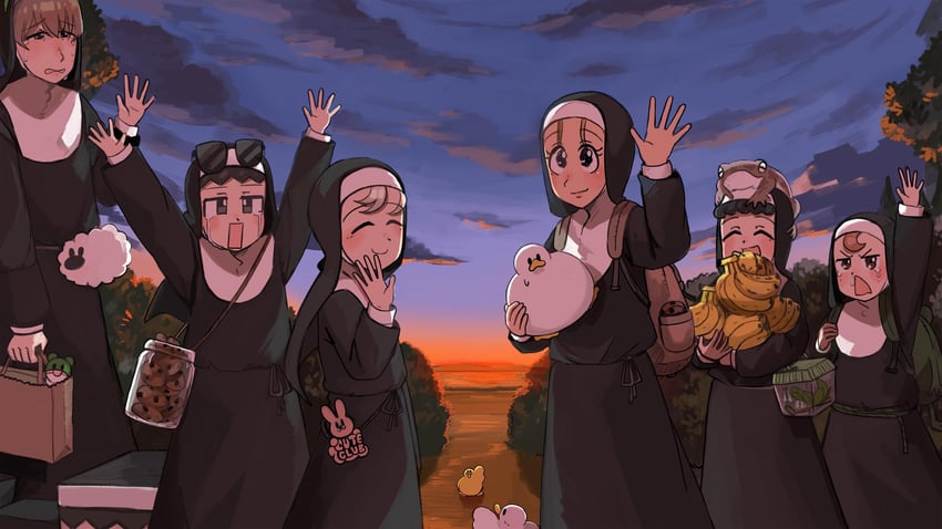 froggy nun, square nun, eyelashes nun, shy nun, laidback nun, and 1 more (little nuns) drawn by diva_(hyxpk)