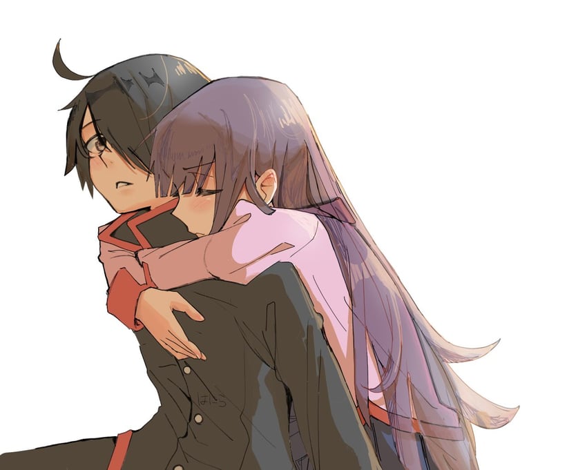 senjougahara hitagi and araragi koyomi (monogatari and 1 more) drawn by wanira