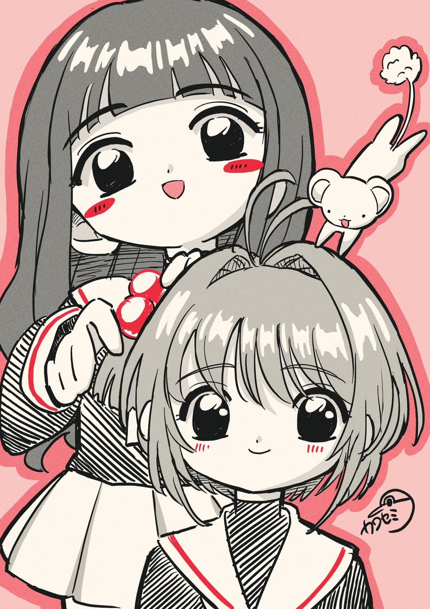 kinomoto sakura, kero, and daidouji tomoyo (cardcaptor sakura) drawn by kawasemisemi