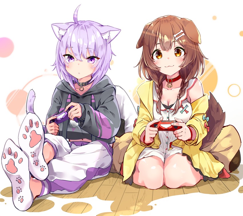 nekomata okayu and inugami korone (hololive) drawn by yuyaiyaui