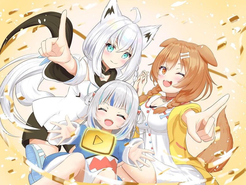 gawr gura, shirakami fubuki, and inugami korone (hololive and 2 more) drawn by mizuhi_kou