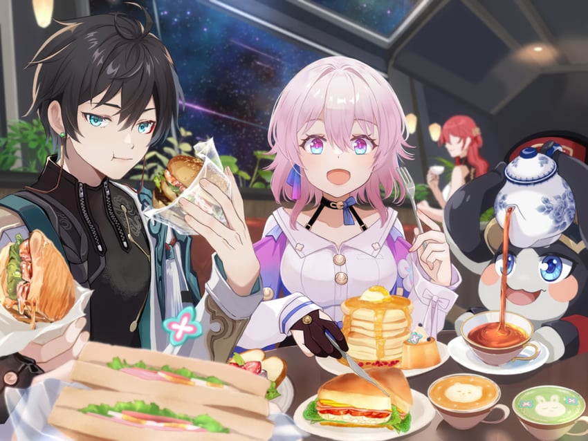 march 7th, dan heng, himeko, and pom-pom (honkai and 1 more) drawn by irono_ha